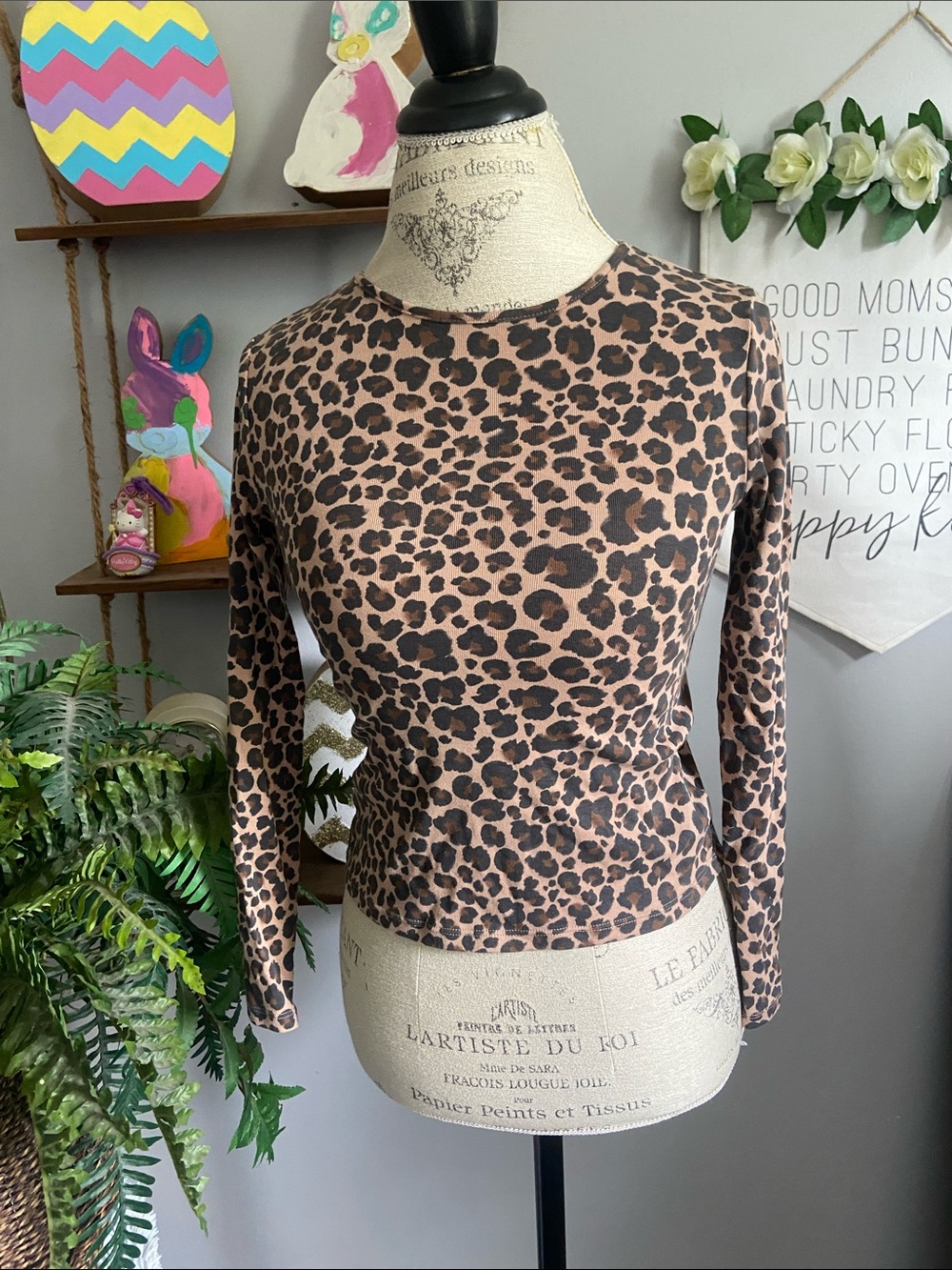 H&M 12/14 Leopard Print Long Sleeve Crewneck Top - Brown Black Tan